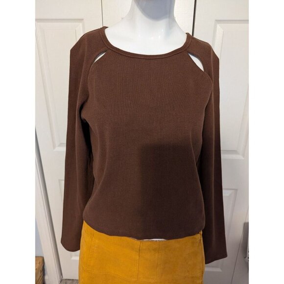 ANTHROPOLOGIE XL long sleeve brown cotton, stretchy ribbed shirt with cutouts - Picture 3 of 4